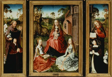 Madonna og barn med hellige og givere (olje på panel)