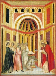 Biskop Urban som døper Tiburcio, detalj fra altertavlen til Legend of St Cecilia, ca 1304, av Master of Saint Cecilia (aktiv tidlig på 1300-tallet), tempera på panel og bladgull stemplet, 85x181 cm