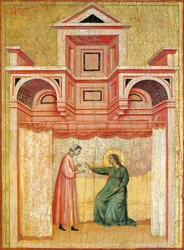 Cecilia overtaler ektemannen Valerian til dåp, detalj fra altertavle som viser legenden om helgen Cecilia, ca. 1304, av Mester av Saint Cecilia (aktiv tidlig på 1300-tallet), tempera på panel og bladgull stemplet, 85x181 cm