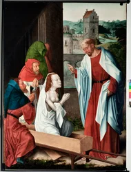 Episode av livet til Saint John evangelist: "" The resurrection of Drusiana"" (Life of St John evangelist, the resurrection of Drusiana) Maleri av mesteren av San Giovanni evangelista (Saint John Evangelist) (slutten av 1400-tallet) Dim