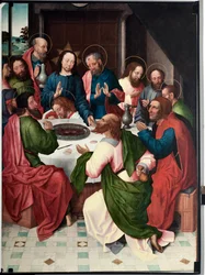 La cene (Den siste kveldsmat) Maleri av mesteren av San Giovanni evangelista (Saint John Evangelist) (slutten av 1400-tallet) Dim 120x90 cm Genes, Musei di Strada Nuova (ex Palazzo Bianco) inv n PB 156