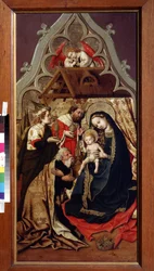 Tilbedelsen av magiene. Tilbedelsen av magiene. Maleri av slottsmesteren i Lichtenstein, østerriksk maler (aktiv fra 1430 til 1450), rundt 1440. Olje på tre. Pushkin Museum of Fine Arts, Moskva