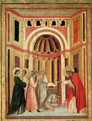 St Cecilia og historien om hennes liv Detalj: Biskop Urban døper Tiburtius, bror til Valerianus - altertavle, ca. 1290-1320