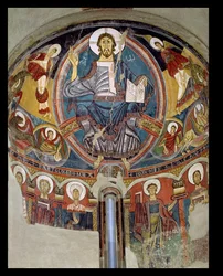 Kristus i Majestet flankert av serafer og symboler fra evangelistene, apsis freske fra San Climente i Taull (Tahull) Catalonia, ca. 1123 (fresco)