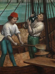 Detalj av kornets mirakel, fra altertavlen til St. Nicholas, ca. 1486-93 (olje på panel)