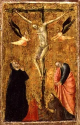 PD.8-1955 Korsfestelsen med jomfruen og SS. Johannes evangelisten, Frans av Assisi og Maria Magdalena, ca. 1345 (tempera på panel)