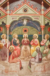 "Pinsen", Detalj med bedende helgener og jomfru Maria, og duen, ca. 1420 (fresco)