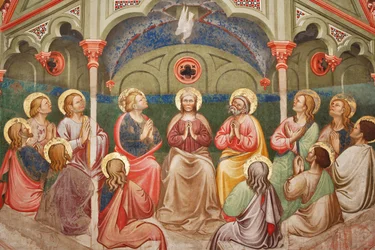 "Pinsen", Detalj med bedende helgener og jomfru Maria, og duen, ca. 1420 (fresco)