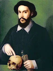 Portrett av en gentleman med høyre hånd peker på en hodeskalle, ca. 1540