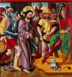 Jesus foran Herodes Antipas. Panel fra pasjonsaltertavlen av Mesteren med Baden-nellik (15. århundre), Dijon, Kunstmuseet