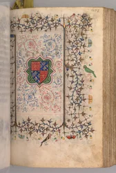 Timer for Karl den adelige, konge av Navarra 1361-1425: fol. 137r, våpenskjold..., ca. 1405.