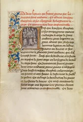 Initial A: Sankt Antonius#39; kropp transportert til Konstantinopel og helbredelsen av to spedalske etter å ha berørt helgenens kropp