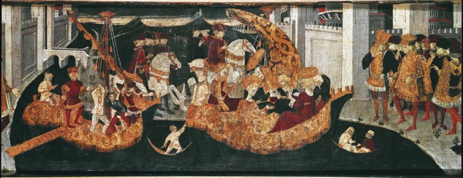Decameron de Boccaccio (Jean Boccaccio): Chatelain Pericone ønsker Alatiel, datter av sultanen av Babylon Beminedab og hennes suite på øya Mallorca velkommen (Pericone da Visalgo ønsker Alatiel, datter av Beminedab, Sultanen av Babylon, velkommen på hei
