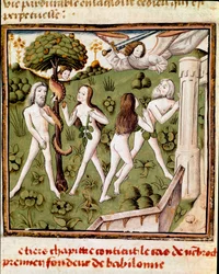Adam og Eva plukker den forsvarte frukten Miniature of the Master of the Champion of Ladies (1400-tallet) fra manuskriptet "" Des hommes illustres"" av Giovanni Boccaccio (Jean Boccaccio) (1313-1375). 1400-tallet. Carpentras. Inguimbertine bibliotek