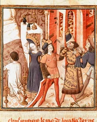 Legenden om Jocaste, dronningen av Theben. Ødipus, blind, etter å ha innsett å drepe sin egen far Miniatyr av Mesteren av Damenes Mester (1400-tallet) fra manuskriptet "" Des hommes illustres"" av Giovanni Boccaccio (Jean Boccaccio) (13