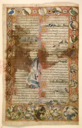 Add. 28841, f.1, geometriske helsides border av romber, rundeller og firpass befolket av dyr og figurscener: fugler, krypdyr og dyr, blant annet løver som angriper andre skapninger og fugler som slåss med hverandre, en hane, en ugle, en slange