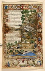 Legge til. 28841, f.1v: Geometriske helsideskanter av romboider, rundeller og quatrefoils bebodd av dyr og figurative scener: Hyrder som våker over sauer og geiter og kjemper mot ulver, en rød djevel som står på hesteryggen i grensen, fra en godbit