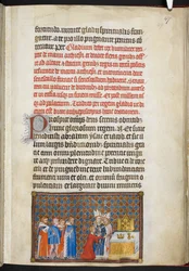 Cotton Tiberius B. VIII f. 49r Kongen ofrer sverdet på alteret, illustrasjon fra Kroningsboken til Karl 5., konge av Frankrike