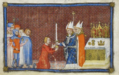 Cotton Tiberius B. VIII f. 49v Erkebiskopen av Reims gir sverdet tilbake til kongen, illustrasjon fra Kroningsboken til Karl 5., konge av Frankrike