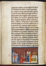 Cotton Tiberius B. VIII f. 49v Erkebiskopen av Reims gir sverdet tilbake til kongen, illustrasjon fra Kroningsboken til Karl 5., konge av Frankrike