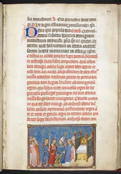 Cotton Tiberius B. VIII f. 51r Erkebiskopen av Reims løsner kongens tunika, fra Kroningsboken til Karl 5., konge av Frankrike