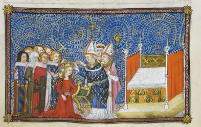 Cotton Tiberius B. VIII f.69v Erkebiskopen av Reims setter kronen på dronningens hode, mens baronene støtter kronen hennes, illustrasjon fra 