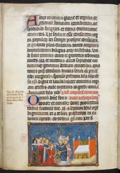 Cotton Tiberius B. VIII f.69v, Erkebiskopen av Reims setter kronen på dronningens hode, og baronene støtter kronen hennes, illustrasjon fra 