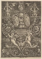 Et panel av ornament, putti stående på overflødighetshorn i nedre del, 1530-60.