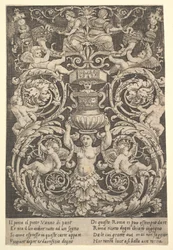 Et ornamentpanel med en kvinne som holder en vase i midten, 1532.