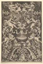 Et panel av ornament med putti, geit og andre figurer, 1530-60.