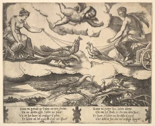 Allegori over ekteskap og kjærlighet, Juno i en vogn trukket av påfugler til venstre, Venus i en ..., 1530-60