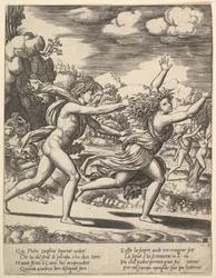 Apollo jager Daphne som slår opp med armene, i bakgrunnen til høyre viser moren..., 1530-60.