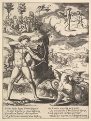 Apollo står til venstre og skyter en pytonslang med en pil, over til venstre er musen..., 1530-60.