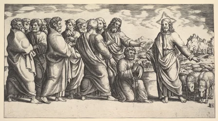 Kristus står til venstre og viser til en flokk sauer, foran ham kneler St. Peter hol..., 1530-60.