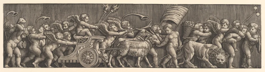 Frisearrangement som viser kjærlighetens triumf, Amor i en vogn ledet av geiter, mann..., 1530-60.
