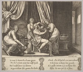 Plate 10: nymfer som hjelper Psyche med å kle håret hennes, fra 'The Fable of Psyche', 1530-60.