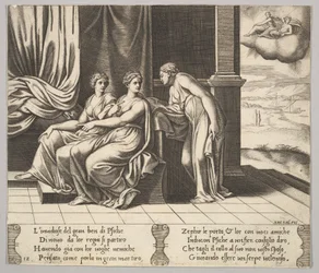 Plate 12: Psyches søstre overtaler henne at en slange ligger med henne, fra 