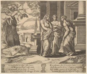 Plate 15: Psyche som forteller sine ulykker til søstrene sine, fra The Fable of Psyche, 1530-60.