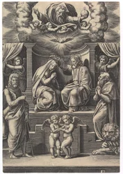 Jomfruens kroning, nederst til venstre står Johannes døperen, nederst til høyre..., 1530-60.