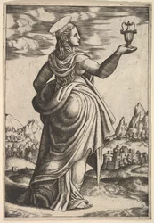 Magdalene står vendt mot høyre, krukke holdt i sin løftede høyre hånd, 1530-60.
