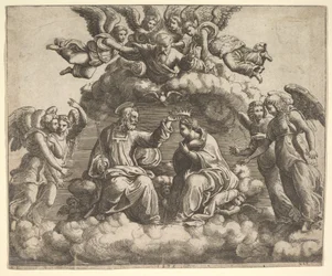 Jomfruens kroning, Kristus holder kronen over hodet hennes, Gud Fader velsigner..., 1532.