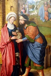 Evora museum. Mesteren av Evora-altertavlen. Møtet mellom Joachim og Anna foran Golden Gate. Olje på panel. Flamsk skole 1500. Portugal.