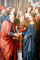 Evora museum. Mesteren av Evora-altertavlen. Bryllupet til Jomfruen og Josef. Olje på panel. Flamsk skole 1500. Portugal.