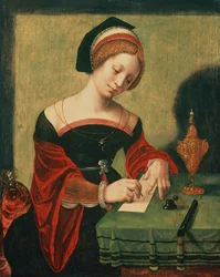 Portrett av en dame som Magdalen (tempera på panel)