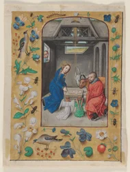 Blad skåret ut fra en tidebok: Jesu fødsel, ca. 1480 (blekk, tempera og flytende gull på vellum)