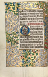 Timebok Bruk av Rouen: fol. 22v, stor initial O med forseggjort kant, ca. 1470.