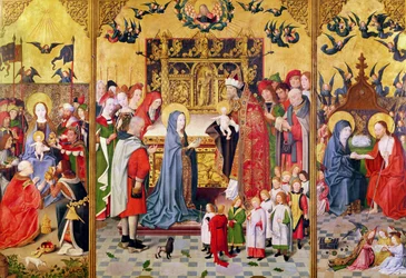 Altertavle av Jomfruens syv gleder, som viser tilbedelsen av magiene, presentasjonen i tempelet og Kristus som viser seg for Maria, ca. 1480