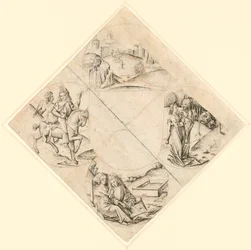 Design for en firbladsfigur med et slott, to elskere, en jomfru fristet av en tosk, et par sittende ved et trau, og en ridder og hans elsker ridende på en hest