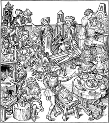 Merkur og hans barn. Illustrasjon fra Husboken, 1480-tallet