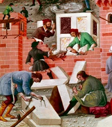 Bygging av byen Roma, detalj. Arbeiderne er aktive i oppgaven: Macons, steinhuggere, bærere, marmor (marmor) og sement (fremstilling av sement) på jobb. Miniatyr i "" Romuleon. Roma””” skrevet av Benevenutus de Rambaldis (1338? -1390) og enlum